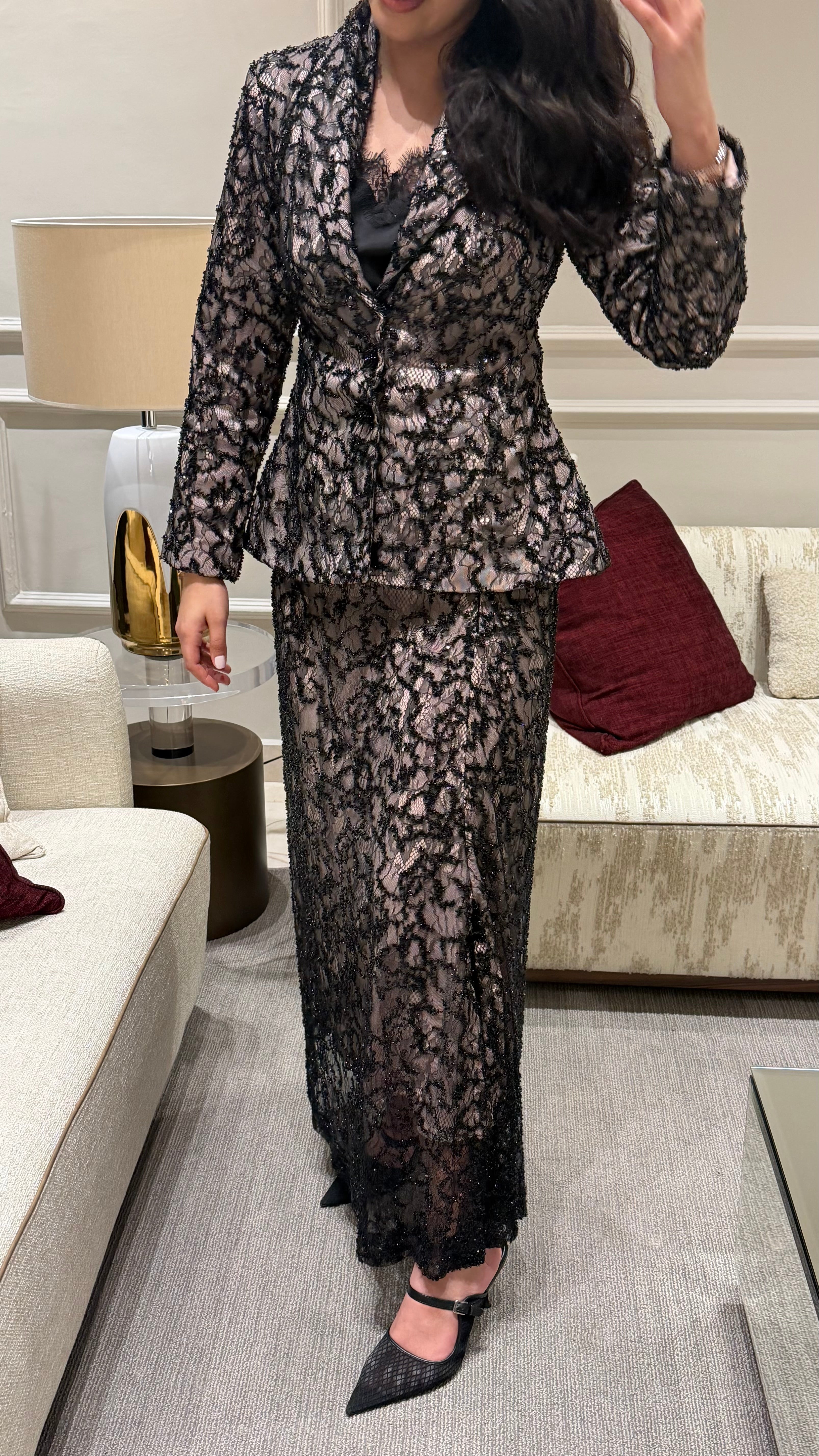 Black Embellished Lace Two-Piece Set
